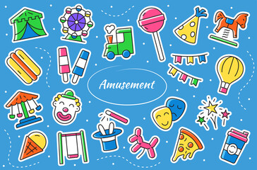 Amusement park - cartoon stickers. Entertainment vector symbols collection.