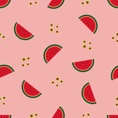 Seamless pattern with watermelons. Colorful summer fruity mood. Pink and yellow Vector illustration. Suitable for decorative textile, wrapping paper design, wallpapers.