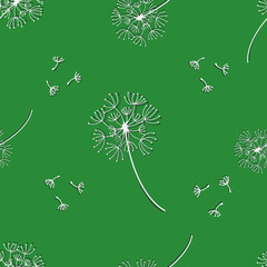 Dandelions seamless pattern on green background. Vector illustration. Texture for fabric and other types of design.