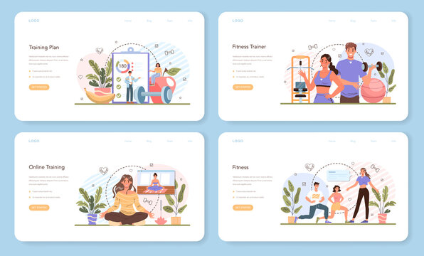 Fitness trainer web banner or landing page set. Workout in the gym