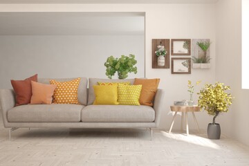 White living room with sofa. Scandinavian interior design. 3D illustration