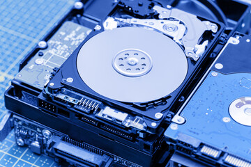 Lot of, pack of hard disk drives in hdd information repair, recovery service