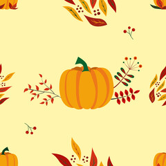 Colorful autumn seamless pattern with pumpkins, berries, autumn leaves on pastel background. Vector illustration. Texture for fabric and other types of design.