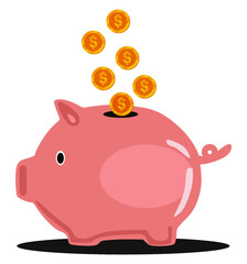 piggy bank with coins isolated in white background