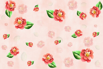 watercolor floral background of red flowers in pink green and yellow colors with branch and leaves, nature and blossom illustration template for print for fabrics pattern