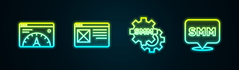 Set line Website statistic, Browser window, Social media marketing and . Glowing neon icon. Vector