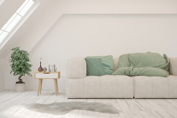 Soft color living room with sofa. Scandinavian interior design. 3D illustration