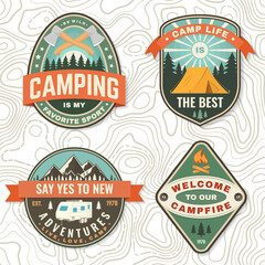 Obraz premium Set of camping badges. Vector Patch or sticker. Concept for shirt or logo, print, stamp or tee. Vintage typography design with quad bike, tent, mountain, camper trailer and forest silhouette.