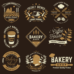 Set of Coffe shop and Bakery shoplogo, badge template. Vector. Design with dough, wheat ears, old oven, coffee cup silhouette. Template for menu for restaurant, cafe, bar, identity