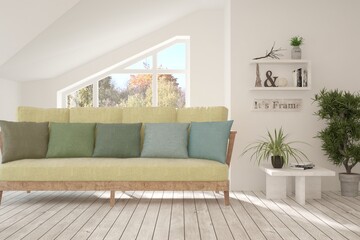 Stylish room in white color with sofa and autumn landscape in window. Scandinavian interior design. 3D illustration