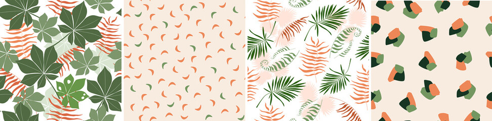 Fototapeta na wymiar Set of seamless pattern of tropical, exotic leaves, plants, palm trees, monstera, simple geometric shapes. Bright, summer jungle print for fabrics, textiles, design. Vector graphics.