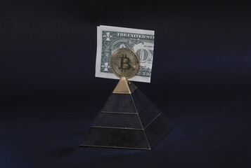 financial pyramid with bitcoin on a black background