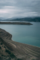 Dagestan traditional highland village Danukh with green terraces in Caucasus Mountains. Rural mountain scenery in Russia