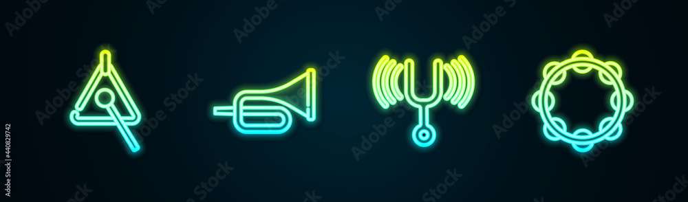 Wall mural set line triangle, trumpet, musical tuning fork and tambourine. glowing neon icon. vector