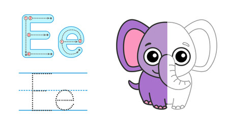 Trace the letter and picture and color it. Educational children tracing game. Coloring alphabet. Letter E and funny elephant