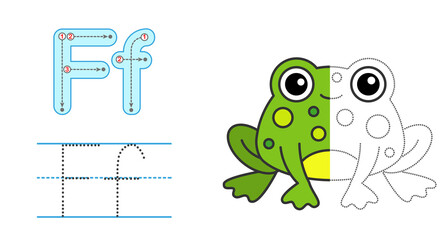 Obraz premium Trace the letter and picture and color it. Educational children tracing game. Coloring alphabet. Letter F and funny frog