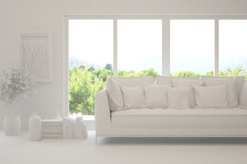 White living room with sofa and summer landscape in window. Scandinavian interior design. 3D illustration