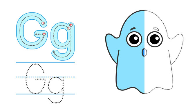 Trace the letter and picture and color it. Educational children tracing game. Coloring alphabet. Letter G and funny ghost