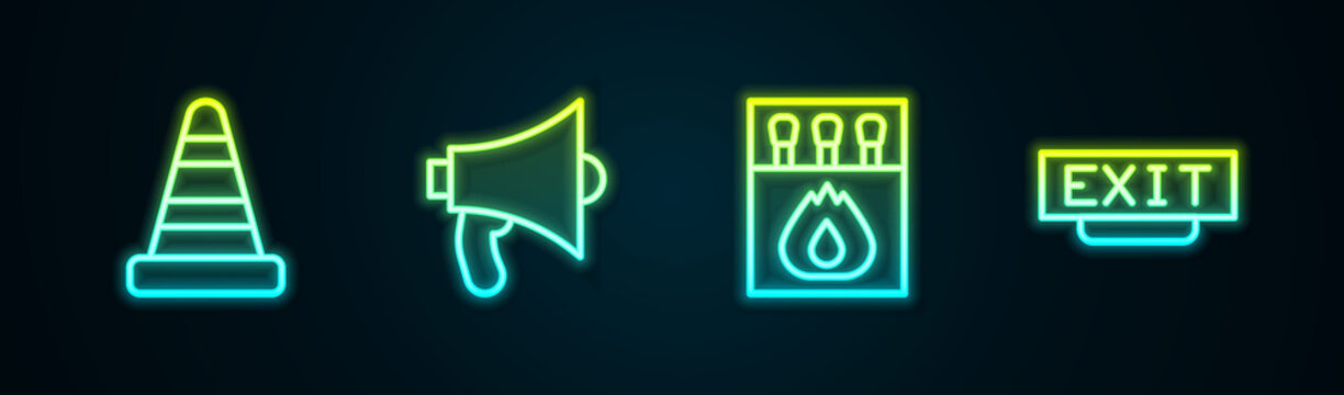 Set line Traffic cone, Megaphone, Matchbox and matches and Fire exit. Glowing neon icon. Vector