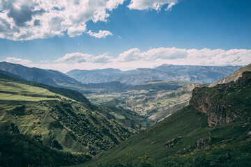 Dagestan traditional highland village Danukh with green terraces in Caucasus Mountains. Rural mountain scenery in Russia