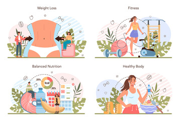 Weight loss concept set. Idea of fitness and healthy diet. Overweight person