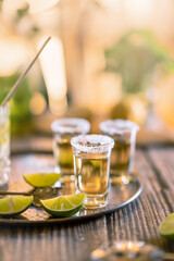 Dark photography of tequila shots with salt and lemon slices on a wooden board with copyspace.