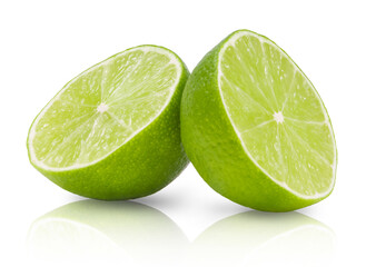 Ripe juicy lime and slices isolated on white background. Fresh fruits.