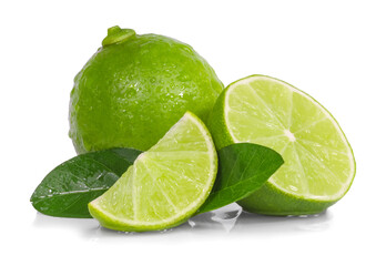 Ripe juicy lime and slices in drops of water isolated on white background. Fresh fruits.