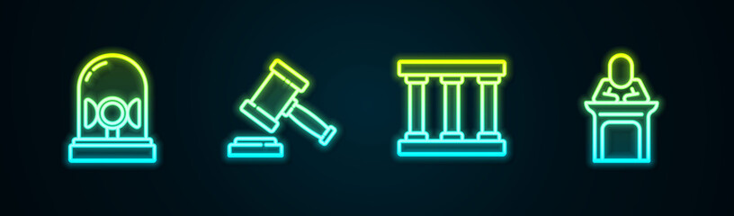 Set line Flasher siren, Judge gavel, Prison window and . Glowing neon icon. Vector