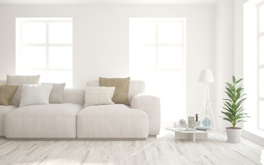 White living room with sofa. Scandinavian interior design. 3D illustration