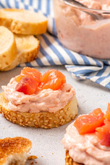 Smoked salmon pate with cream cheese. Toast with salmon pate on a gray concrete table close-up. Tasty breakfast or snack.