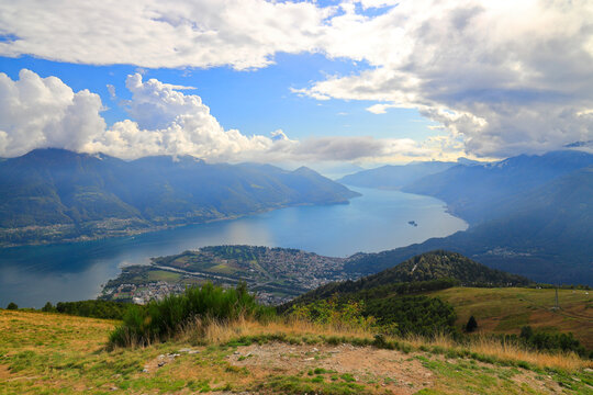 View from the Cimetta mountain above Locarno and Lake Maggiore. Switzerland Europe.  