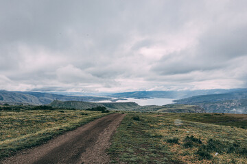 Dagestan traditional highland village Danukh with green terraces in Caucasus Mountains. Rural mountain scenery in Russia