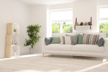 White living room with sofa and summer landscape in window. Scandinavian interior design. 3D illustration