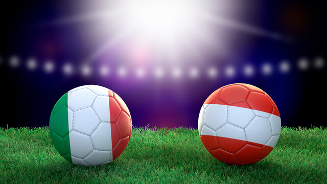 Two soccer balls in flags colors on stadium blurred background. Italy and Austria. 3d image