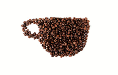 Cup of coffee made with coffee beans isolated on a white backgound