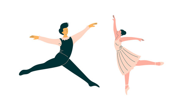 Male and Female Ballet Dancer in Pointe Shoes Dancing Vector Set