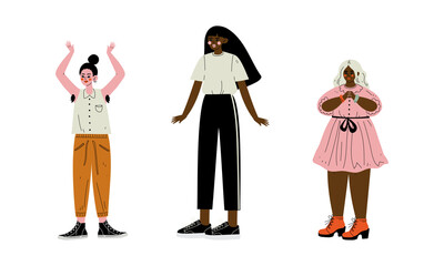 Young Diverse Woman Standing Loving Their Body and Appearance as Self Acceptance Vector Set