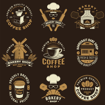 Set of Coffe shop and Bakery shoplogo, badge template. Vector. Design with dough, wheat ears, old oven, coffee cup silhouette. Template for menu for restaurant, cafe, bar, identity