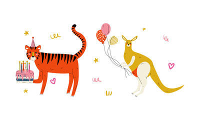 Cute Animal with Cake and Balloons Celebrating Birthday Party Vector Set