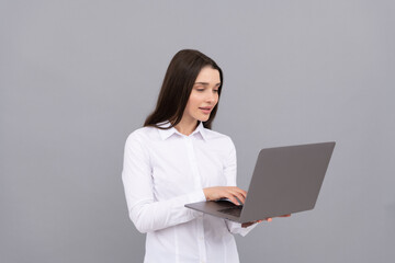 agile business. confident woman working online. modern wireless laptop. programmer use pc.