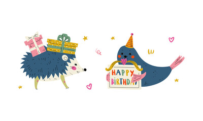 Cute Animal with Gift Box and Card Celebrating Birthday Party Vector Set