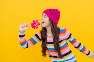 happy kid girl hold lollipop sweet, fun