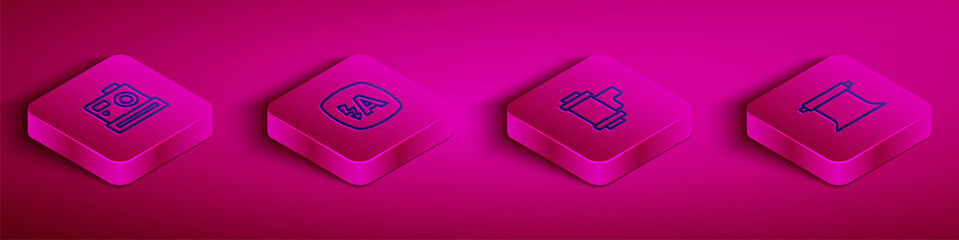 Obraz premium Set Isometric line Photo camera, Auto flash, Camera roll cartridge and Empty photo studio icon. Vector