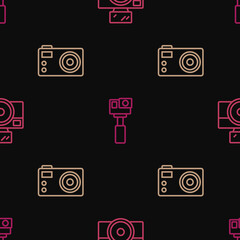 Set line Photo camera with flash, and Action on seamless pattern. Vector