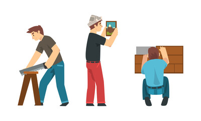 Male Construction Worker Doing Renovation at Home Vector Set