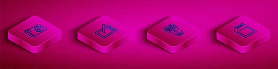 Set Isometric line Photo camera, Graphic tablet, flash and SD card icon. Vector