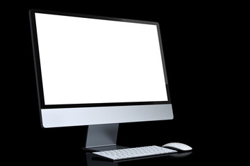 Realistic grey computer screen display with keyboard and mouse isolated on black