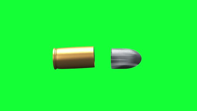Close up pistol bullet when shooting out the shell, realistic mock up design, 3D rendering animation pack, green screen and isolated white background.
