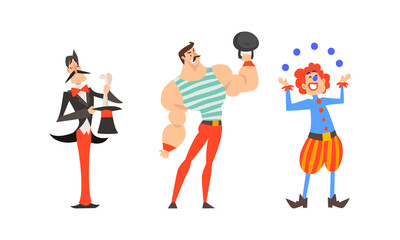 Clown Juggling Balls, Magician with Top Hat and Muscled Man Lifting Heavy Kettlebell as Traveling Chapiteau Circus Vector Set